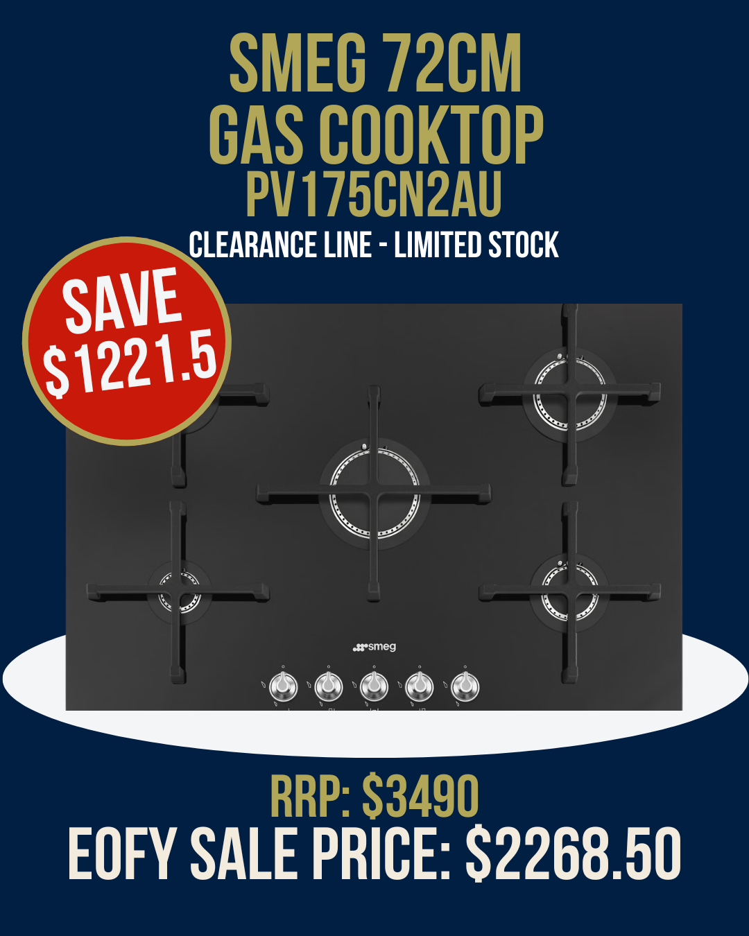 Smeg 72cm Linea Gas Cooktop - PV175CN2AU *Clearance Line*