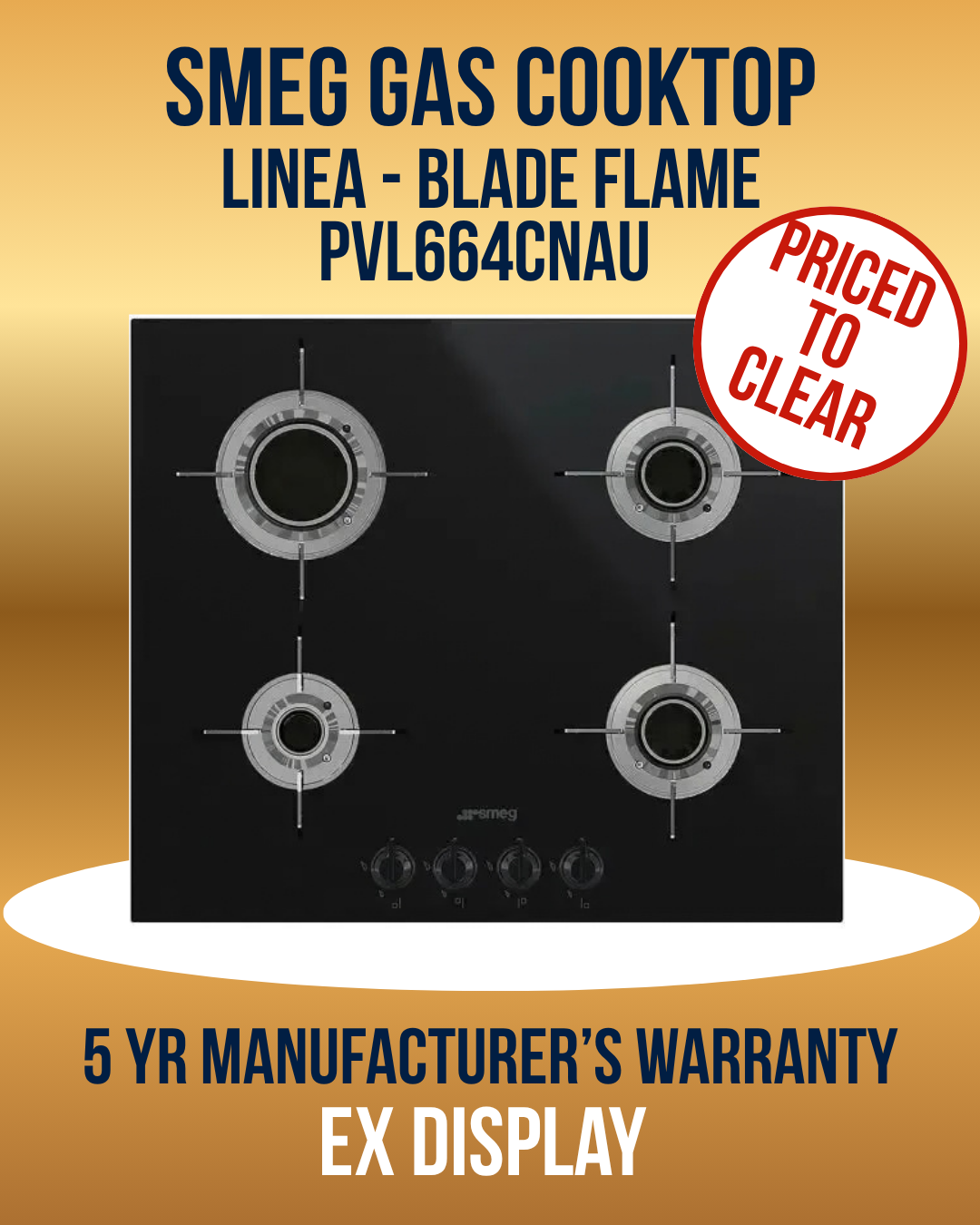 Smeg 60cm Linea Ceramic Blade Flame Cooktop - PVL664CNAU *Clearance line*