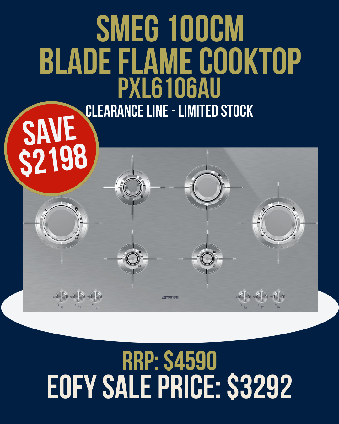 Smeg 100cm Blade Flame Gas Cooktop - PXL6106AU *Clearance Line*