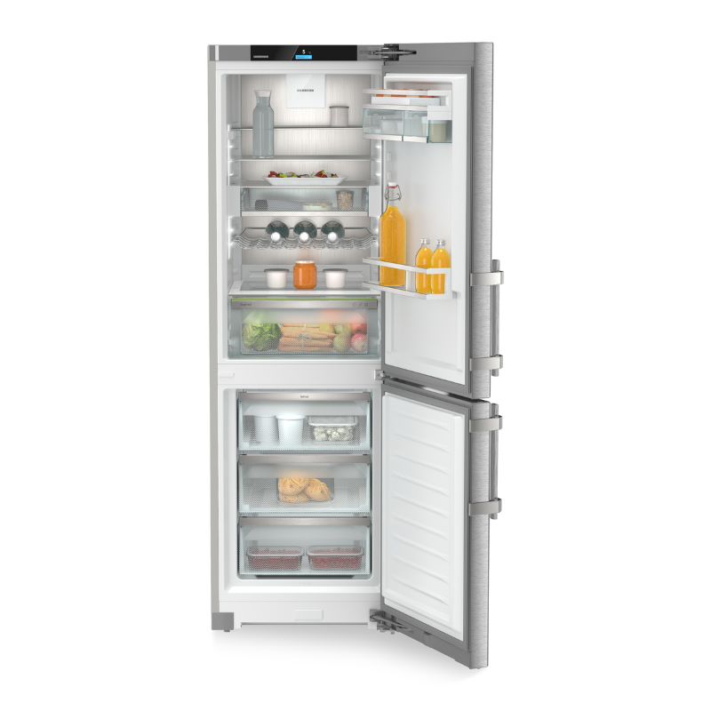 Liebherr Bottom Mount Fridge  SCNsdh5253RHH fridge doors open to the right, food and beverages can be seen on the shelves and in the drawers.