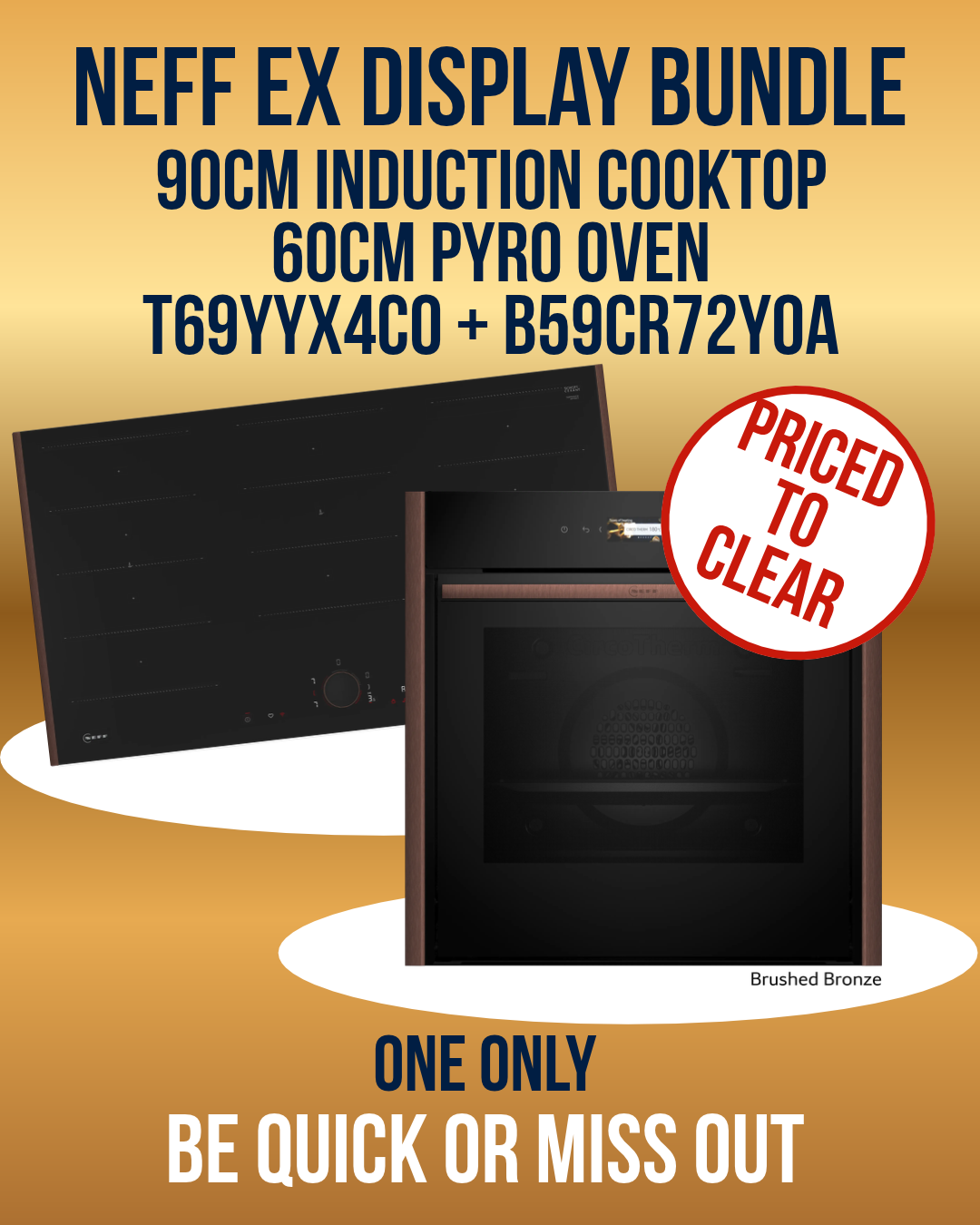 Promotional imagine for Neff Bronze 60cm Oven + 90cm Induction Cooktop Bundle Ex-Display Clearance.