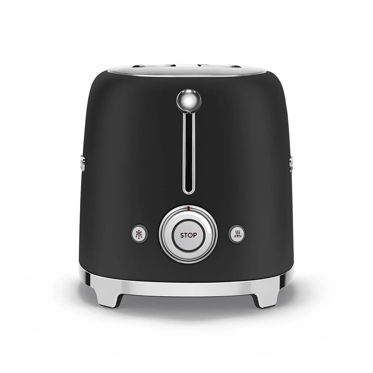 Smeg 50's Style 2 Slice Toaster TSF01BLMAU end view of the matte lack toaster showing a chrome lever and three buttons.