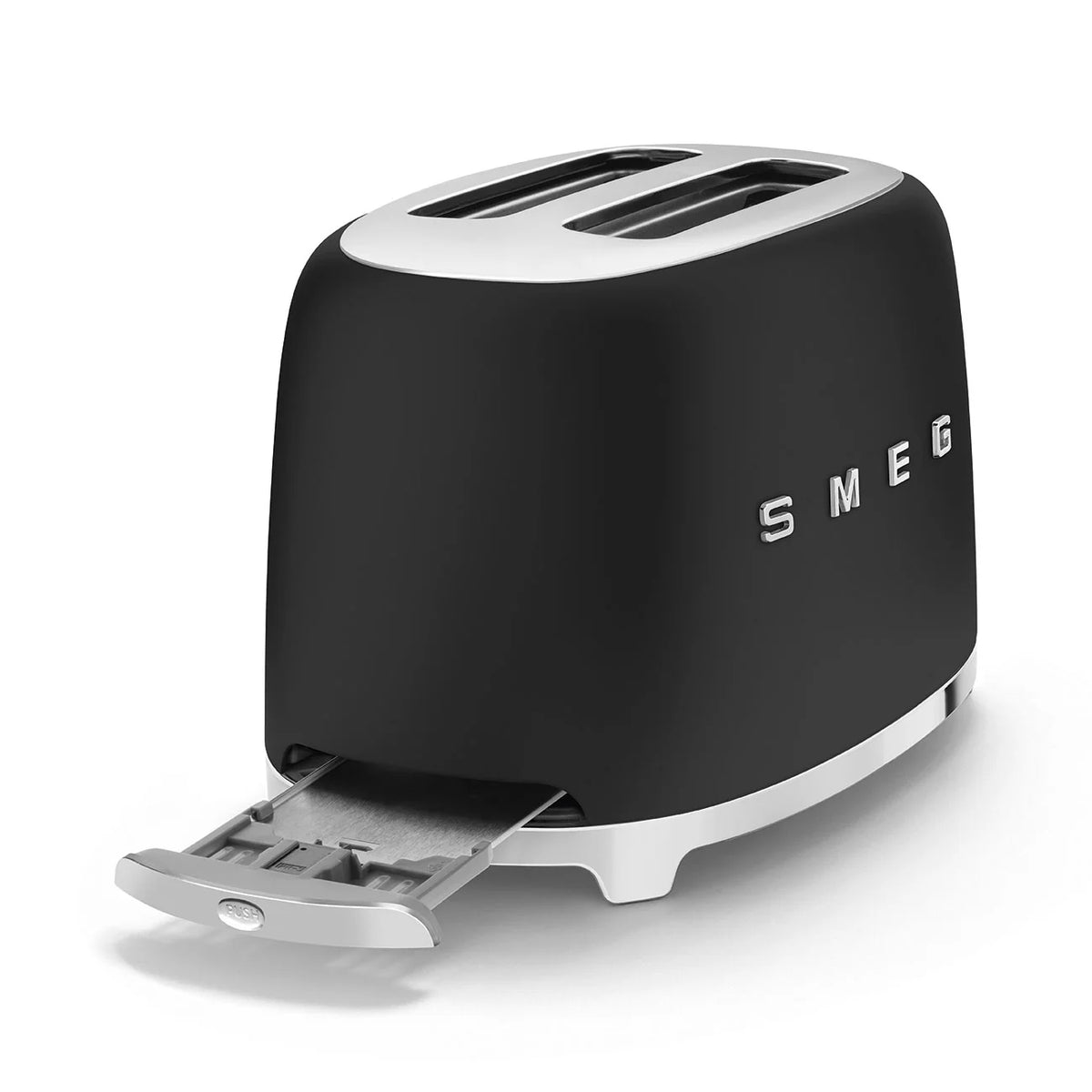 Smeg 50's Style 2 Slice Toaster TSF01BLMAU angled end view of the matte black toaster showing an open chrome crumb tray with the SMEG logo down the centre on the long side in the right of the picture.