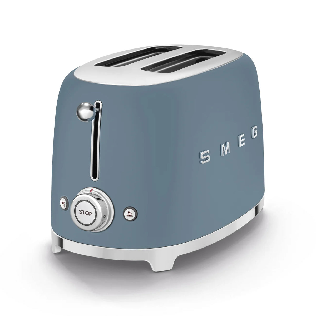 Smeg 50's Style 2 Slice Toaster TSF01SBMAU this view of the storm blue toaster shows the chrome lever and buttons on the end of the toaster to the left and SMEG logo down the centre of the toaster to the right.