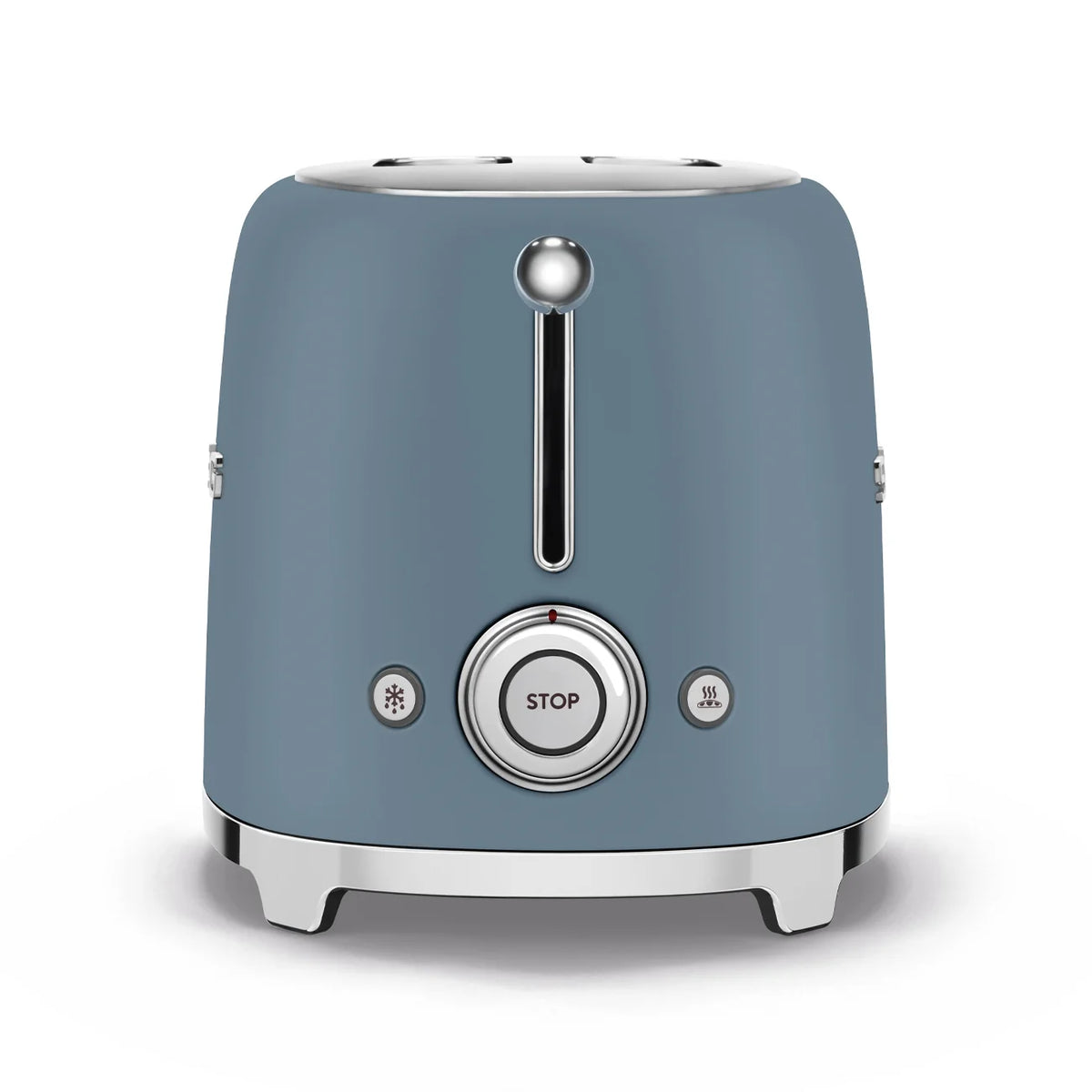Smeg 50's Style 2 Slice Toaster TSF01SBMAU this view of the storm blue toaster shows the chrome lever and buttons front on.