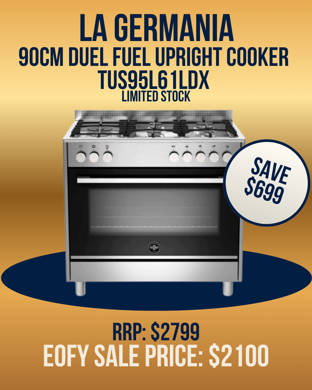La Germania Futura 90cm Dual Fuel Upright Oven Stainless Steel - TUS95L61LDX *Ex-Display*