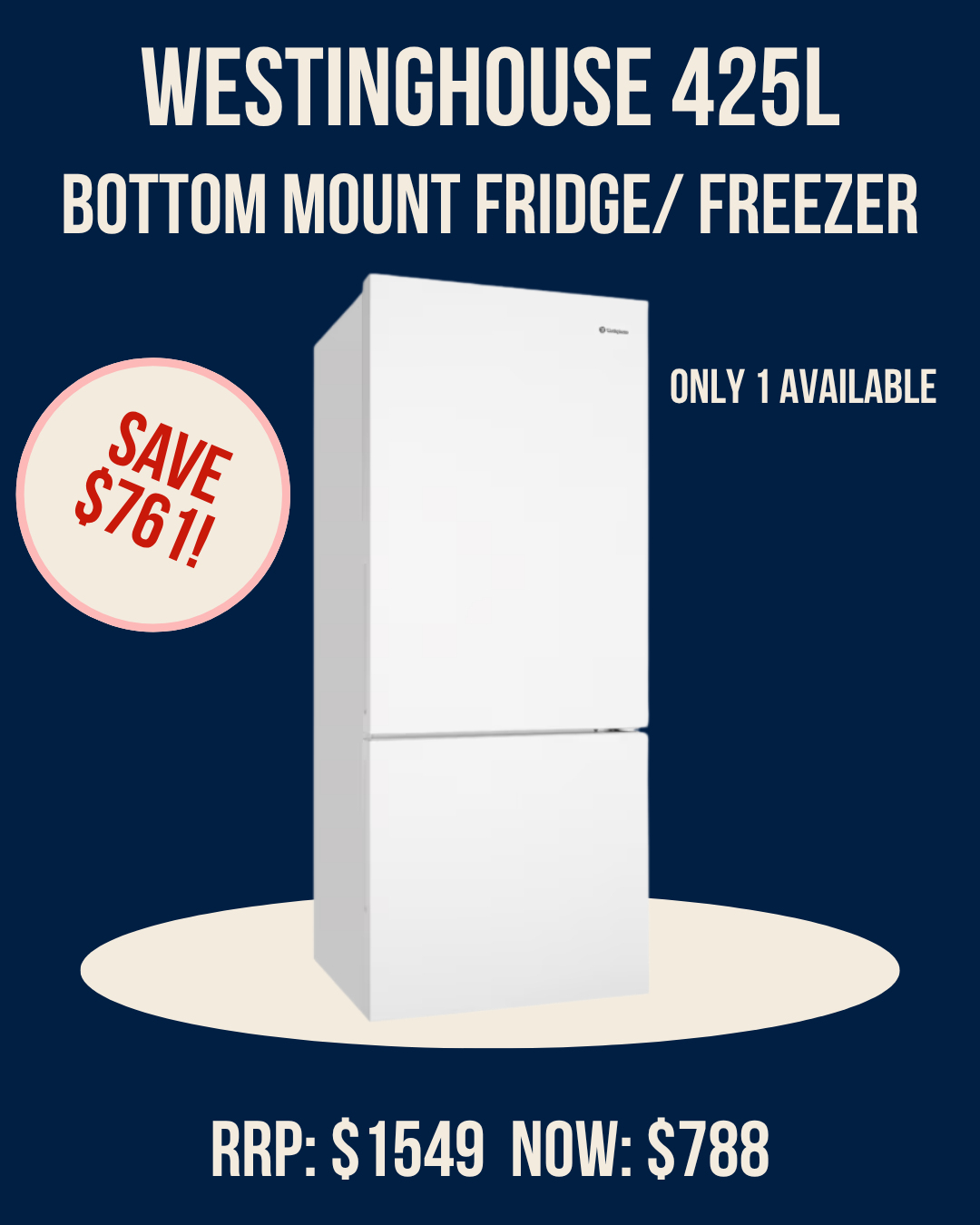 Westinghouse 425L bottom freezer fridge WBE4302WC-R *End of line Runout*