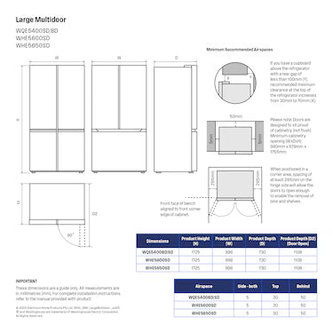 Dimensions for the Westinghouse 547L quad door fridge WQE5400SD Stainless steel
