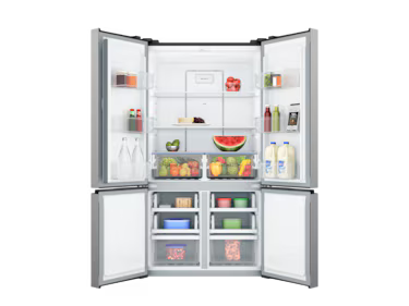 The Westinghouse 547L quad door fridge WQE5400SD Stainless steel with the fridge doors open displaying a variety of foods. 