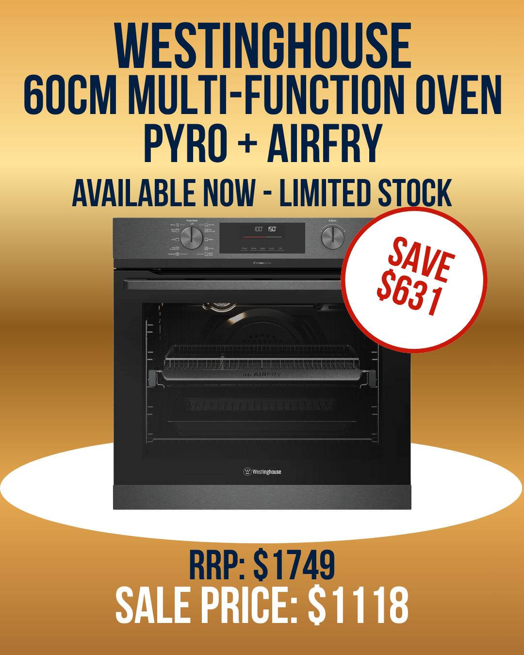 Westinghouse 60cm Multi-Function Pyrolytic Oven with AirFry – WVEP6716DD
