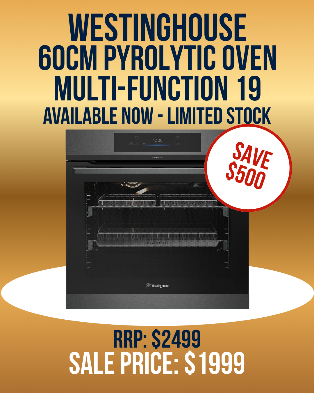 Westinghouse 60cm Multi-Function PyroClean Oven with Roast + Steam and Dual AirFry - WVEP6918DD