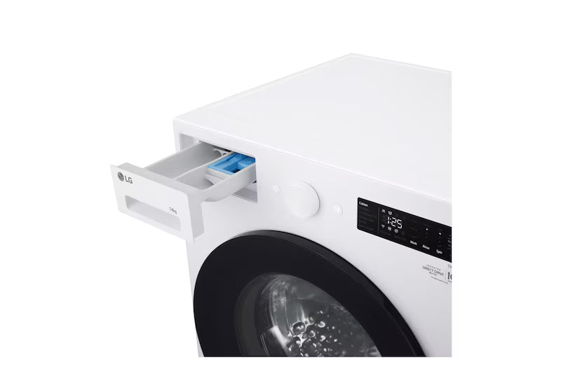 LG Series XL 14kg Front Load Washer WXLS-1014WX has the detergent drawer on the left, a rotary dial in the centre and LED display panel to the right. 