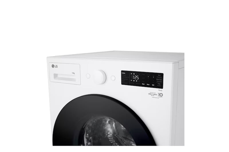 Top of the LG Series XL 14kg Front Load Washer WXLS-1014WX showing closed detergent dispenser, rotary dial and LCD display.