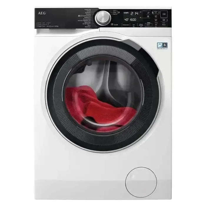 White AEG front load washing machine with red towel inside, digital display and control panel