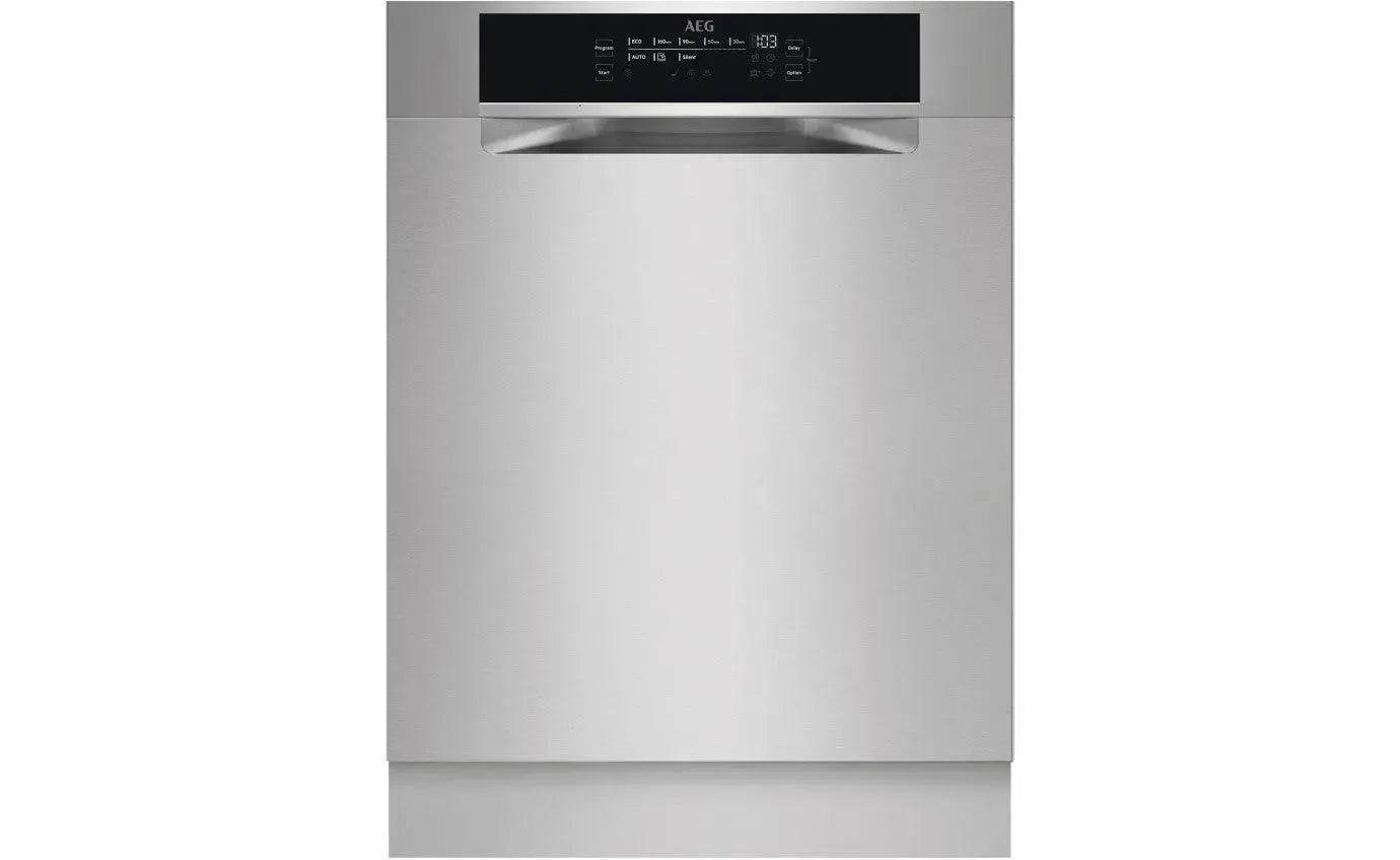 Stainless steel AEG dishwasher with digital control panel, modern kitchen appliance