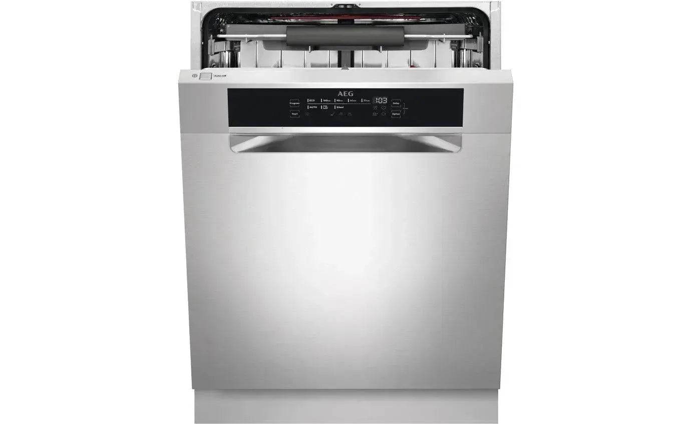 Stainless steel AEG dishwasher with open door, digital control panel, and interior racks visible