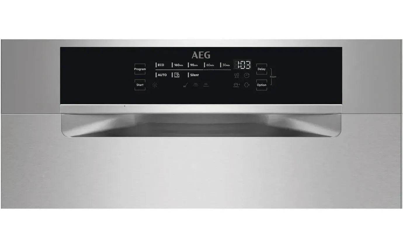 AEG stainless steel dishwasher with digital control panel, eco and silent modes, perfect for modern kitchen appliances