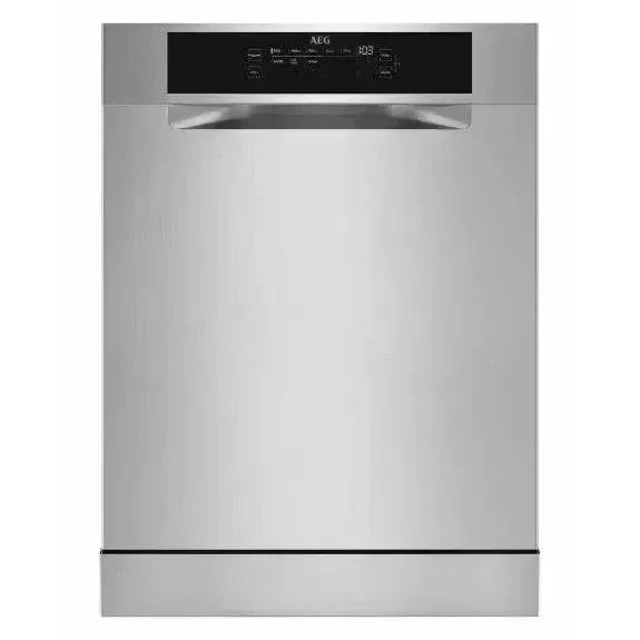 Stainless steel AEG dishwasher with black control panel, modern kitchen appliance