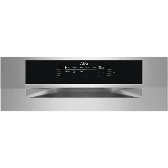 AEG stainless steel built-in dishwasher with digital control panel for modern kitchen appliances
