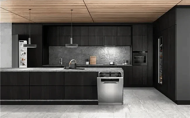 Modern black kitchen with stainless steel dishwasher and wood ceiling