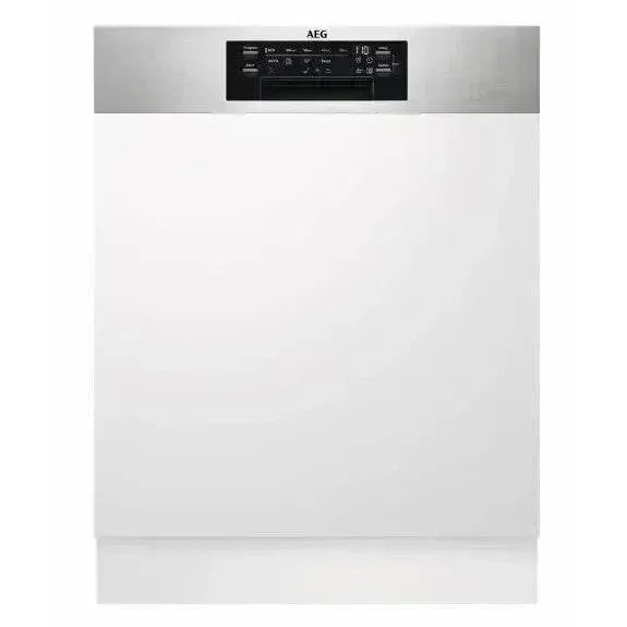 AEG stainless steel dishwasher with digital control panel, sleek modern kitchen appliance