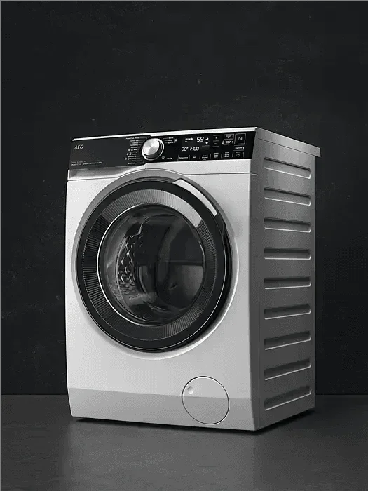 Modern AEG front load washing machine with digital display, sleek stainless steel design for contemporary kitchens