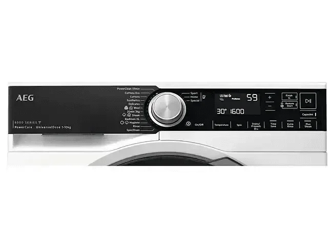 AEG 8000 Series front load washing machine with digital display and control panel
