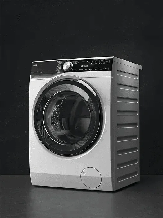 AEG front load washing machine with digital display, sleek stainless steel design for modern laundry rooms