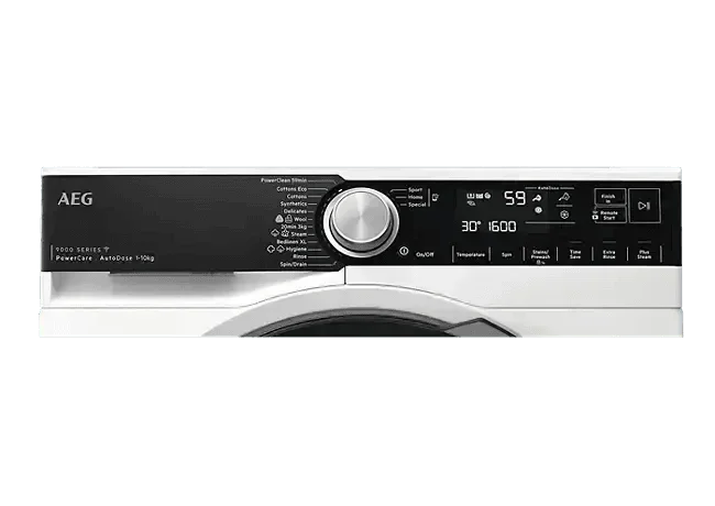 AEG 9000 Series front load washing machine with digital display and control panel