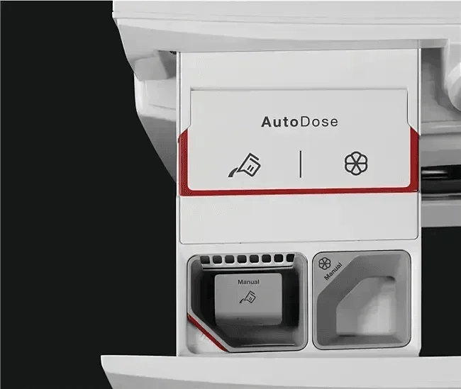 AutoDose detergent dispenser with manual options on a modern dishwasher