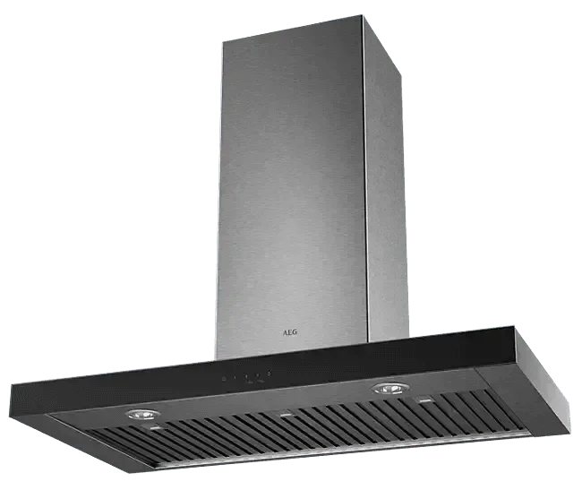 Stainless steel AEG range hood with black glass canopy, modern kitchen ventilation appliance
