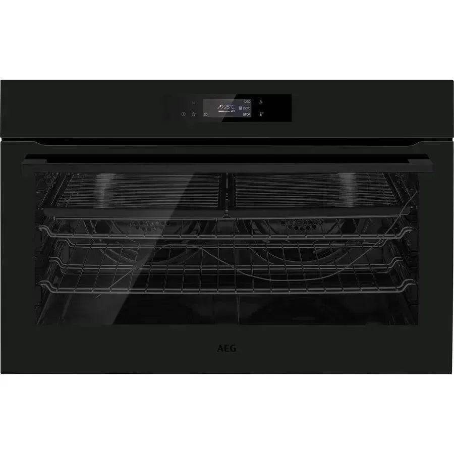 Black AEG built-in oven with digital display and interior racks for modern kitchen appliances