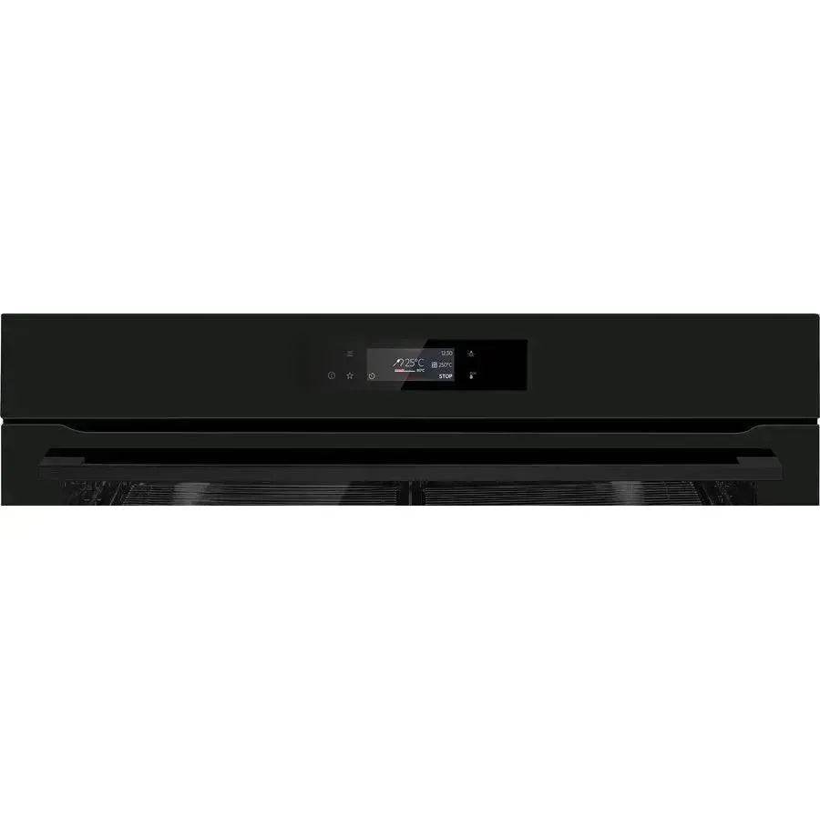 Sleek black built-in oven with digital display showing 225°C, modern kitchen appliance