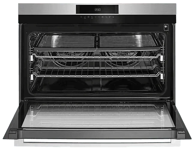 Stainless steel wall oven with digital display and multiple racks, perfect for modern kitchen design