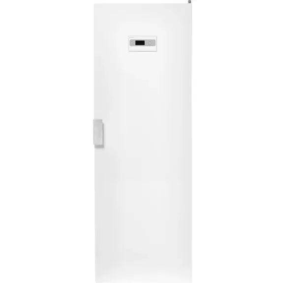 White upright freezer with digital control panel, sleek design for modern kitchen appliance needs