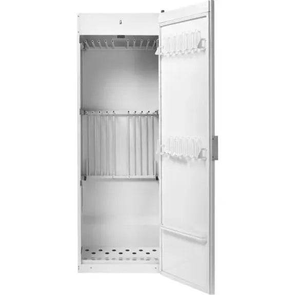 White appliance storage cabinet with adjustable racks and door hooks for kitchen organization