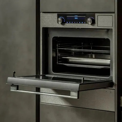 Falcon premium European glass black upright 1100mm induction cooker with open oven door and digital controls