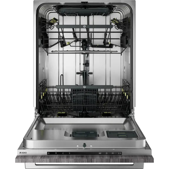 Stainless steel ASKO dishwasher with open door, interior racks, and control panel visible