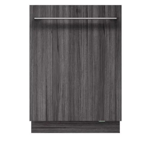 Modern panel-ready dishwasher with dark wood grain finish and sleek handle for designer kitchen