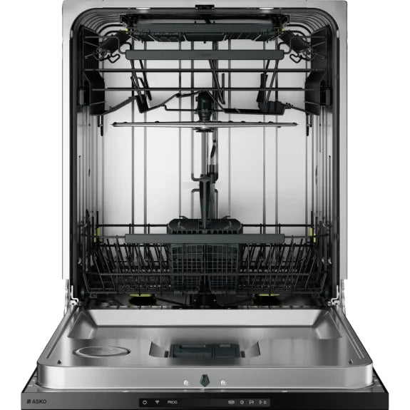 Stainless steel ASKO dishwasher interior with adjustable racks and spray arms for modern kitchen appliances