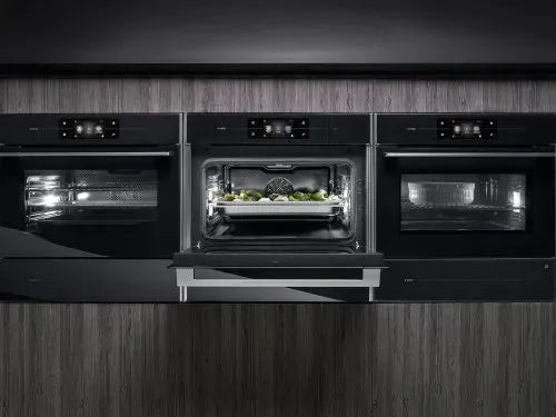 Falcon premium European glass black upright 1100mm induction cooker with built-in ovens in modern kitchen