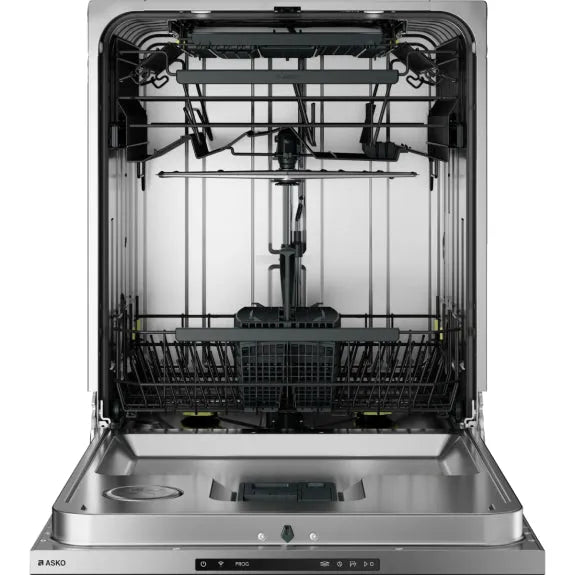 Stainless steel ASKO dishwasher interior with adjustable racks and spray arms for modern kitchen appliances
