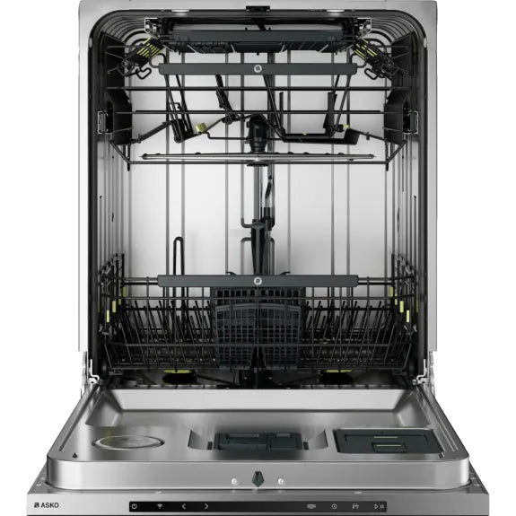 Stainless steel ASKO dishwasher interior with adjustable racks and spray arms for modern kitchen appliances