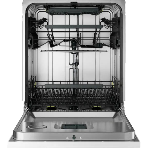 Stainless steel dishwasher interior with adjustable racks and spray arms for clean dishes