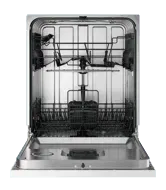 Stainless steel dishwasher with open door, showing interior racks and spray arms for clean dishes