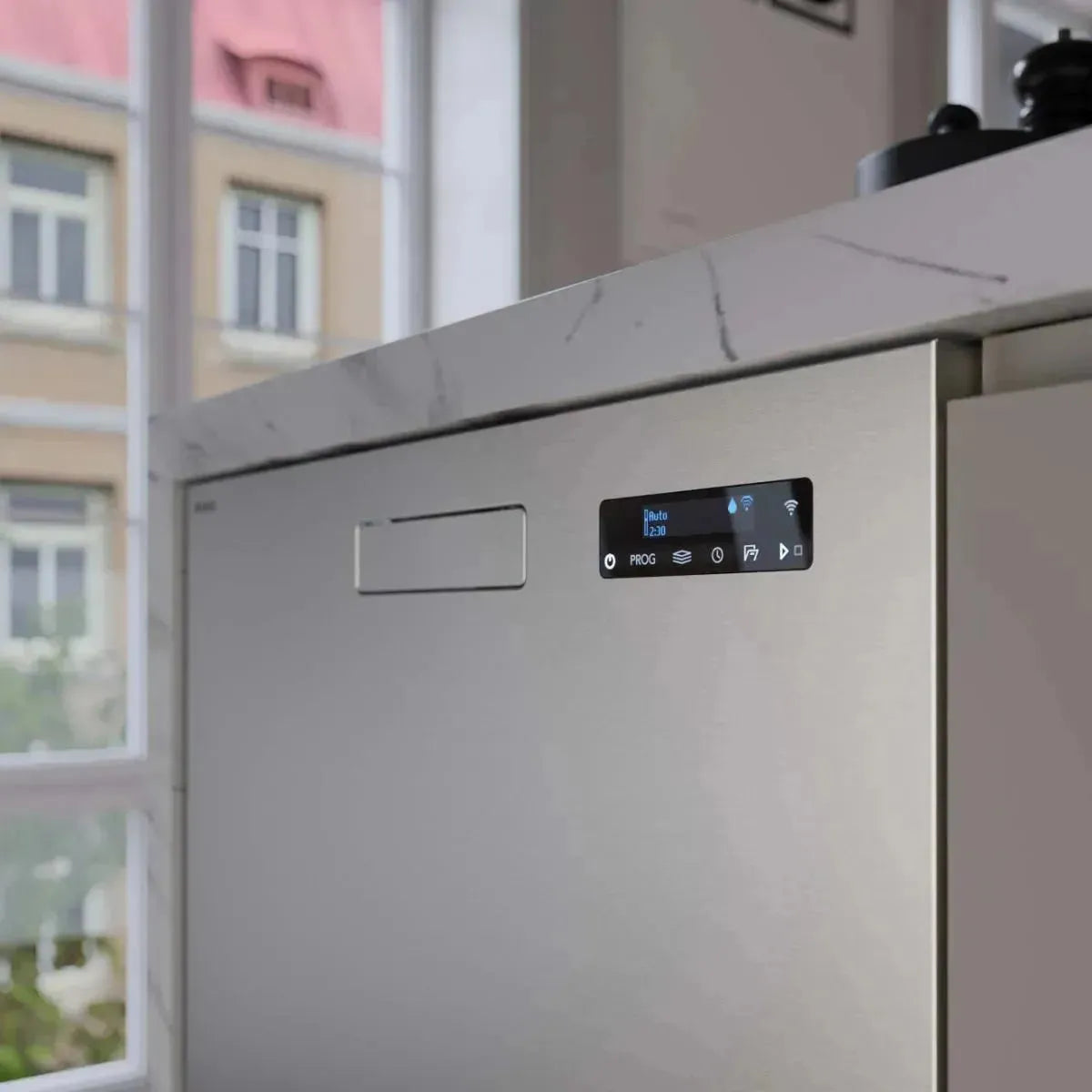 Stainless steel smart dishwasher with digital display under marble countertop in modern kitchen