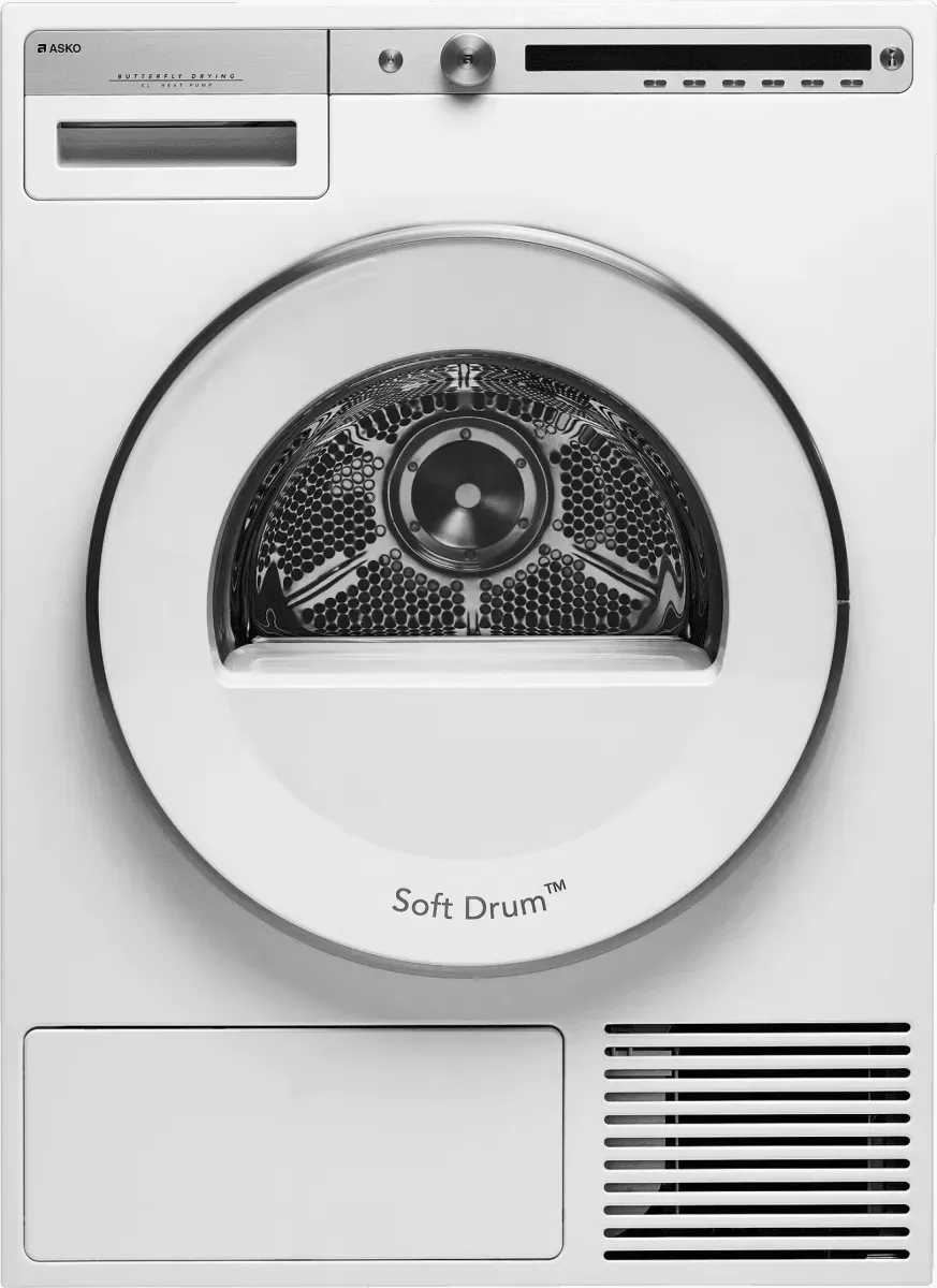 ASKO Soft Drum™ heat pump dryer with butterfly drying technology, sleek white design for modern kitchens