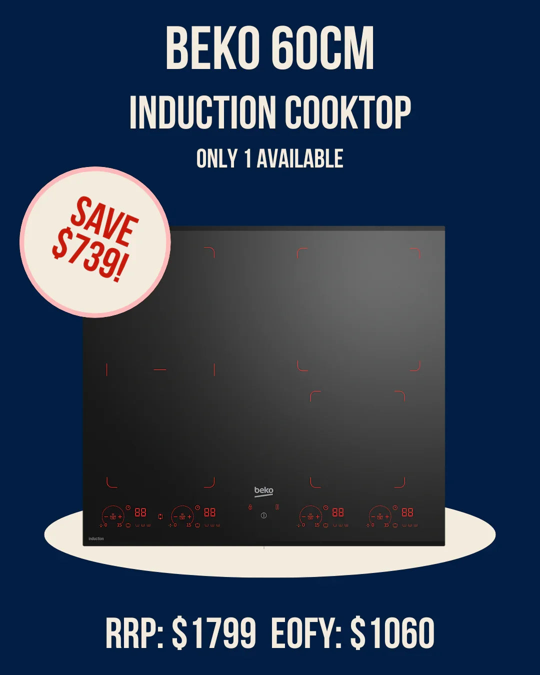 Beko 60cm induction cooktop with red controls and digital display