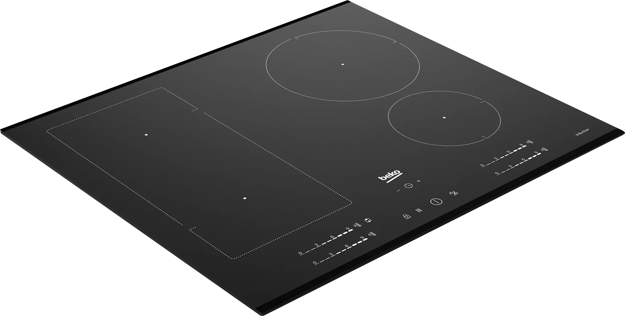 Black glass induction cooktop with three zones, sleek controls, and Beko branding for modern kitchen design.