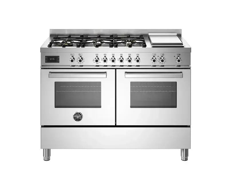 Stainless steel dual oven range with gas burners and griddle, ideal for designer kitchens